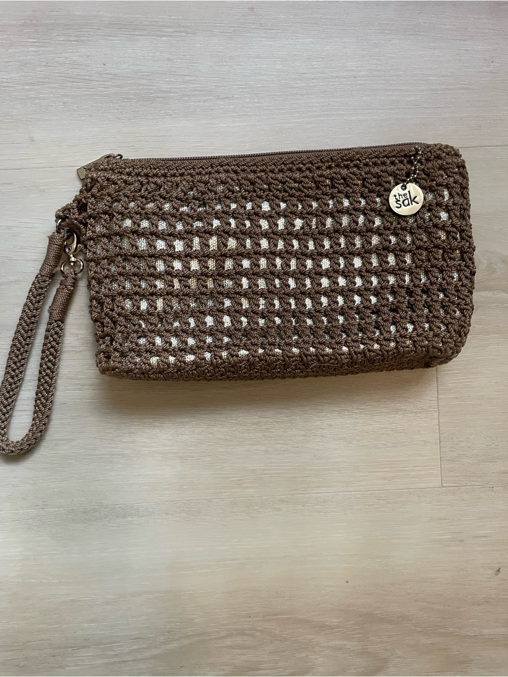 The Sak Brown Crochet Wristlet Clutch with Wrist Strap